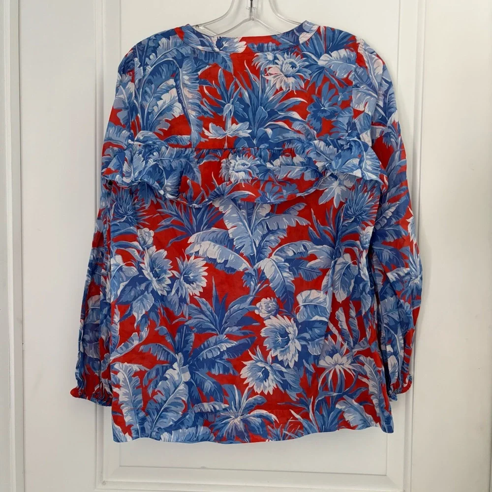 J. Crew Red and Blue Flowers Pullover Ruffle Boho Blouse Long Sleeves